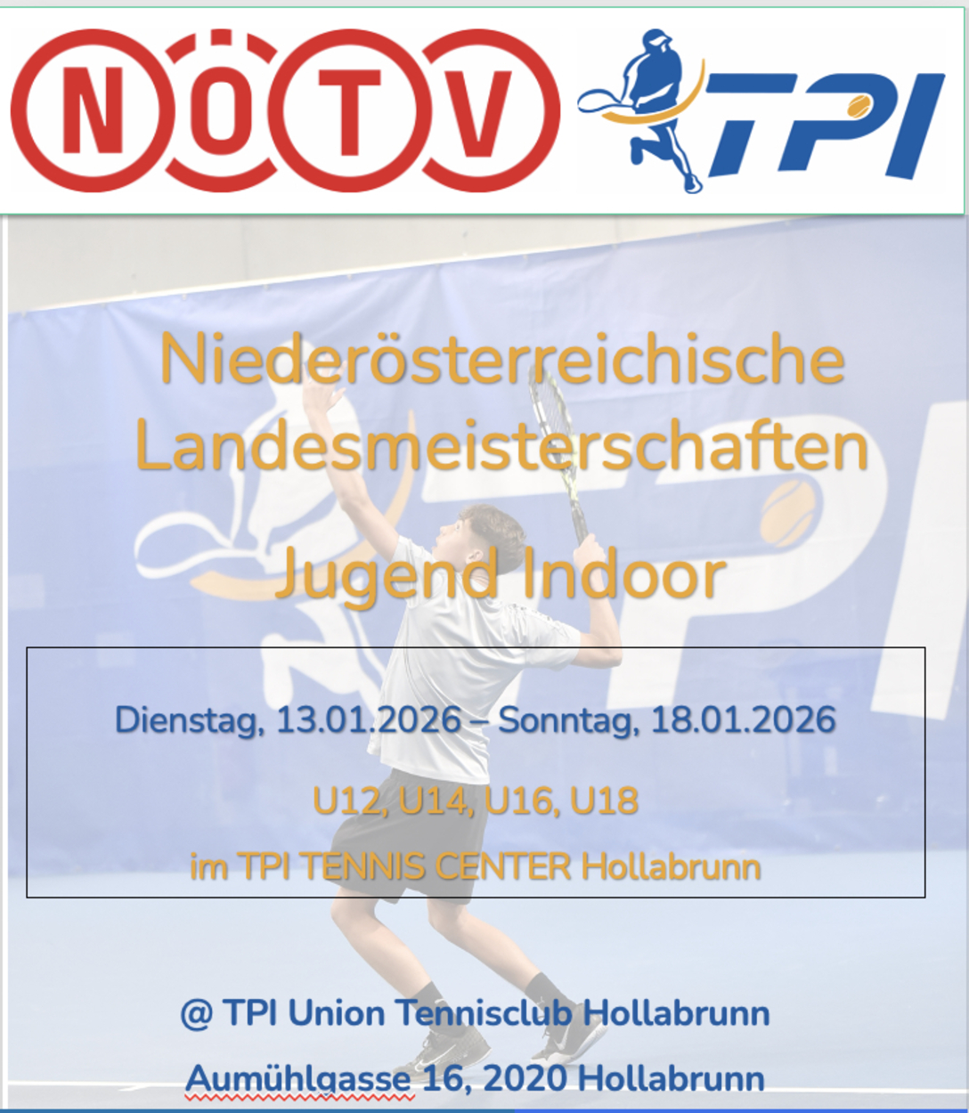 13.1.-18.1.2026: NÖ Landesmeisterschaften U12-U18 - Halle bedingt bespielbar!